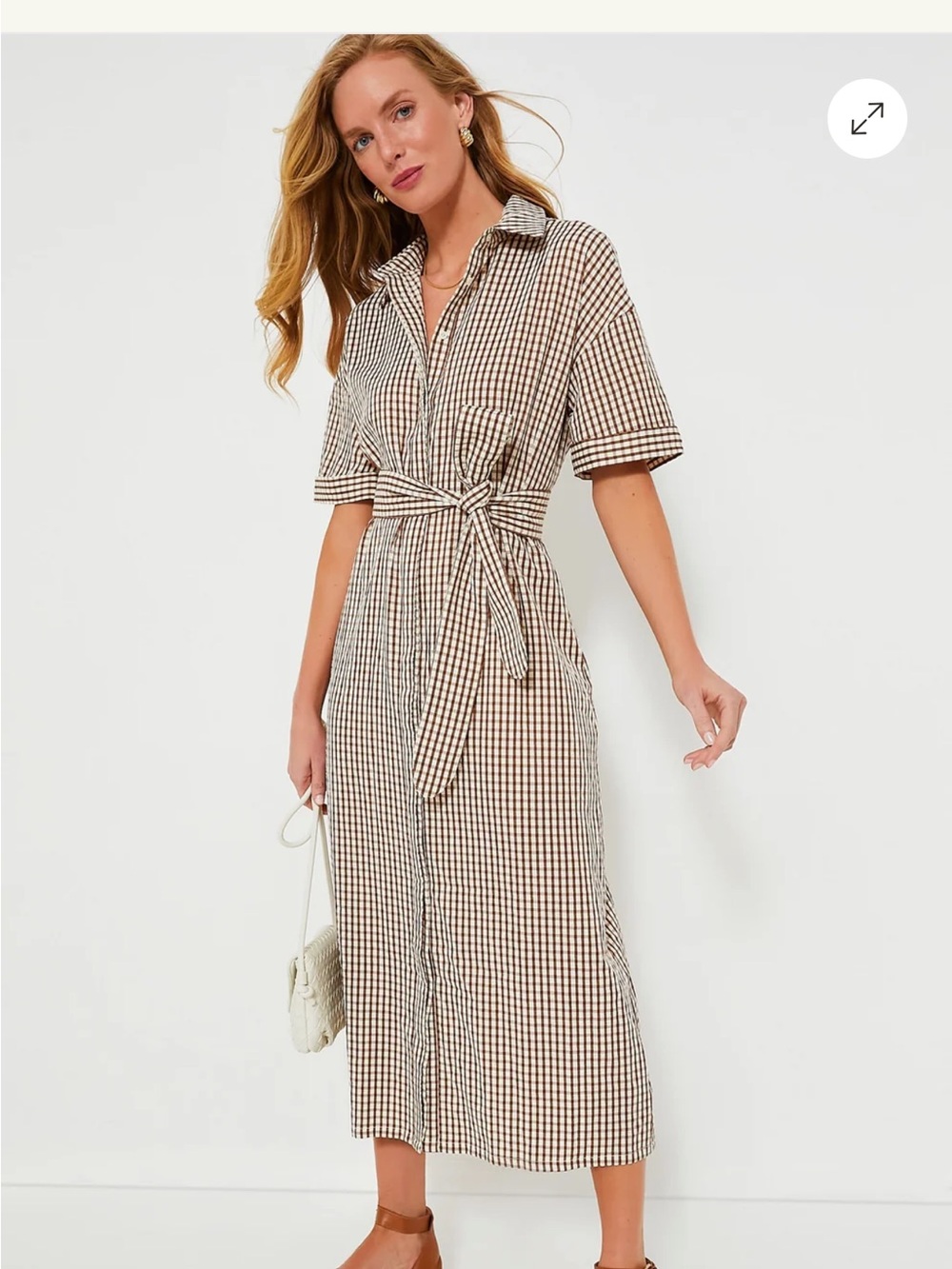 Tuckernuck Brown and Cream Check Seersucker Shirtdress with Belt
